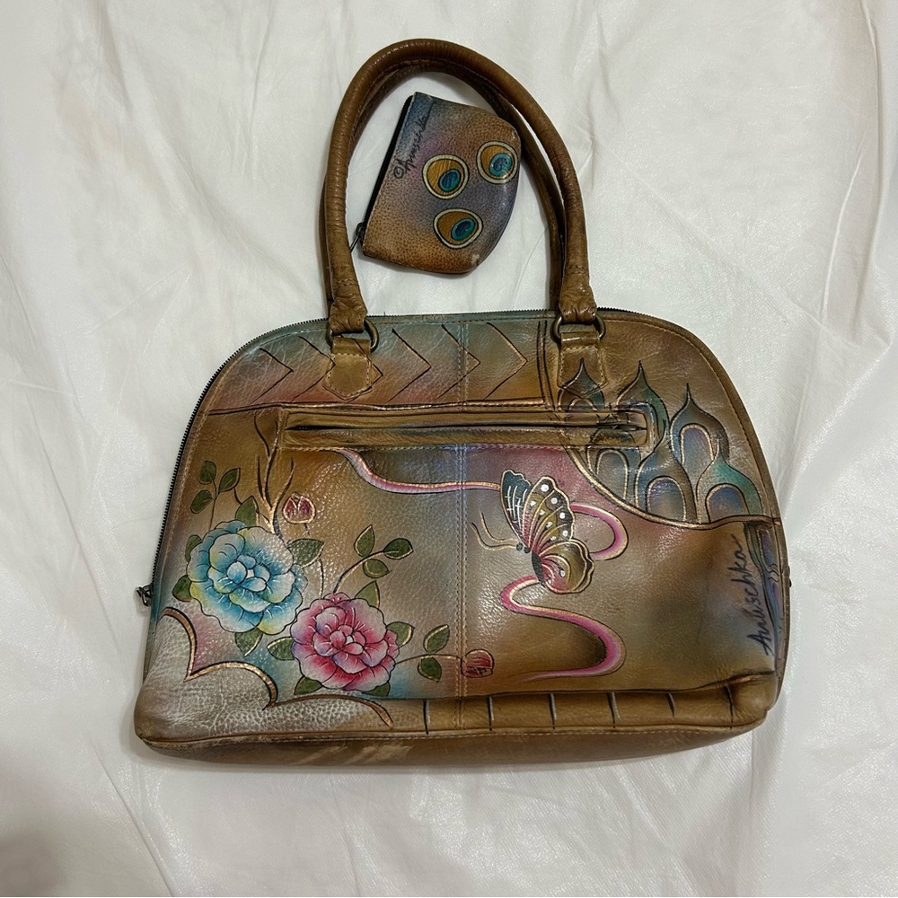 Anuschka Brown Leather Bag with Floral and Butterfly Art